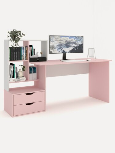 Изображение товара Есэндвич Лаворо 5 Письменный стол со стеллажом и ящиками 170х110х60 см левый (Розовый кварц/Белый)