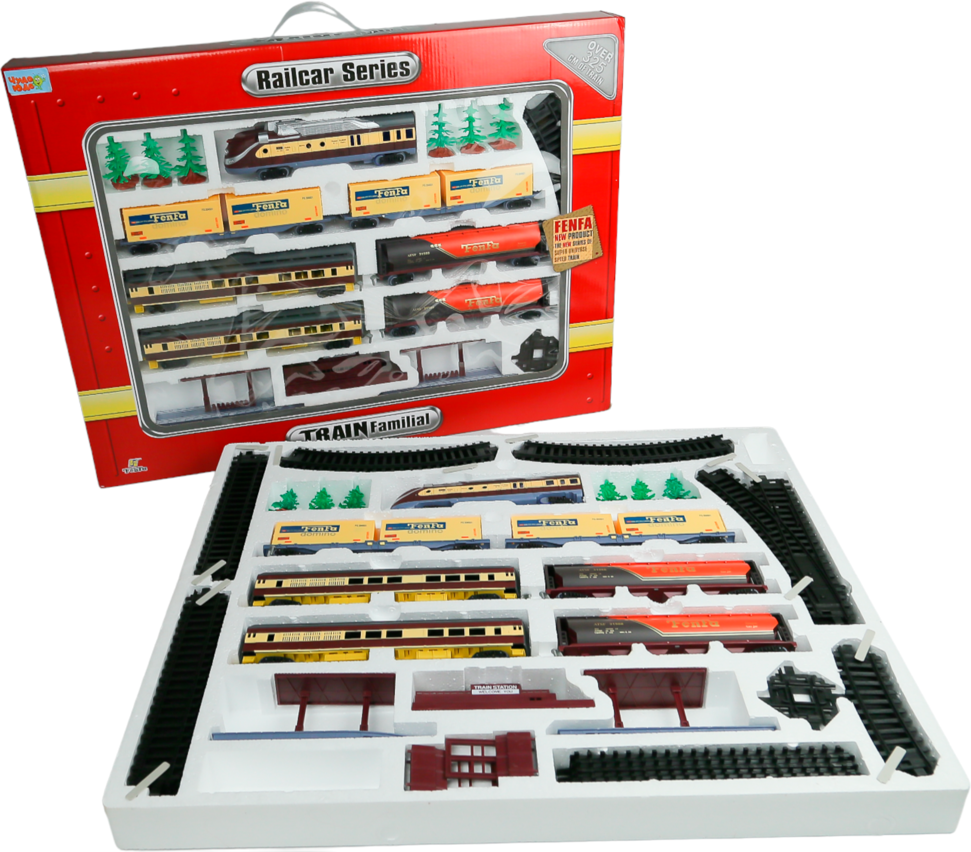 Игрушка Железная дорога FENFA поезд с вагонами, свет, звук, работает от батареек, длина пути 325 см, масштаб 1:87, разные варианты сборки полотна