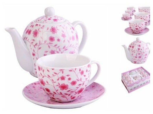 Чайный сервиз LORAINE 30875 13 предметов, с чайником 1 л, белый/розовый