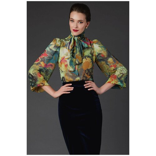 фото Блуза арт-деко, длинный рукав, размер 42, зеленый