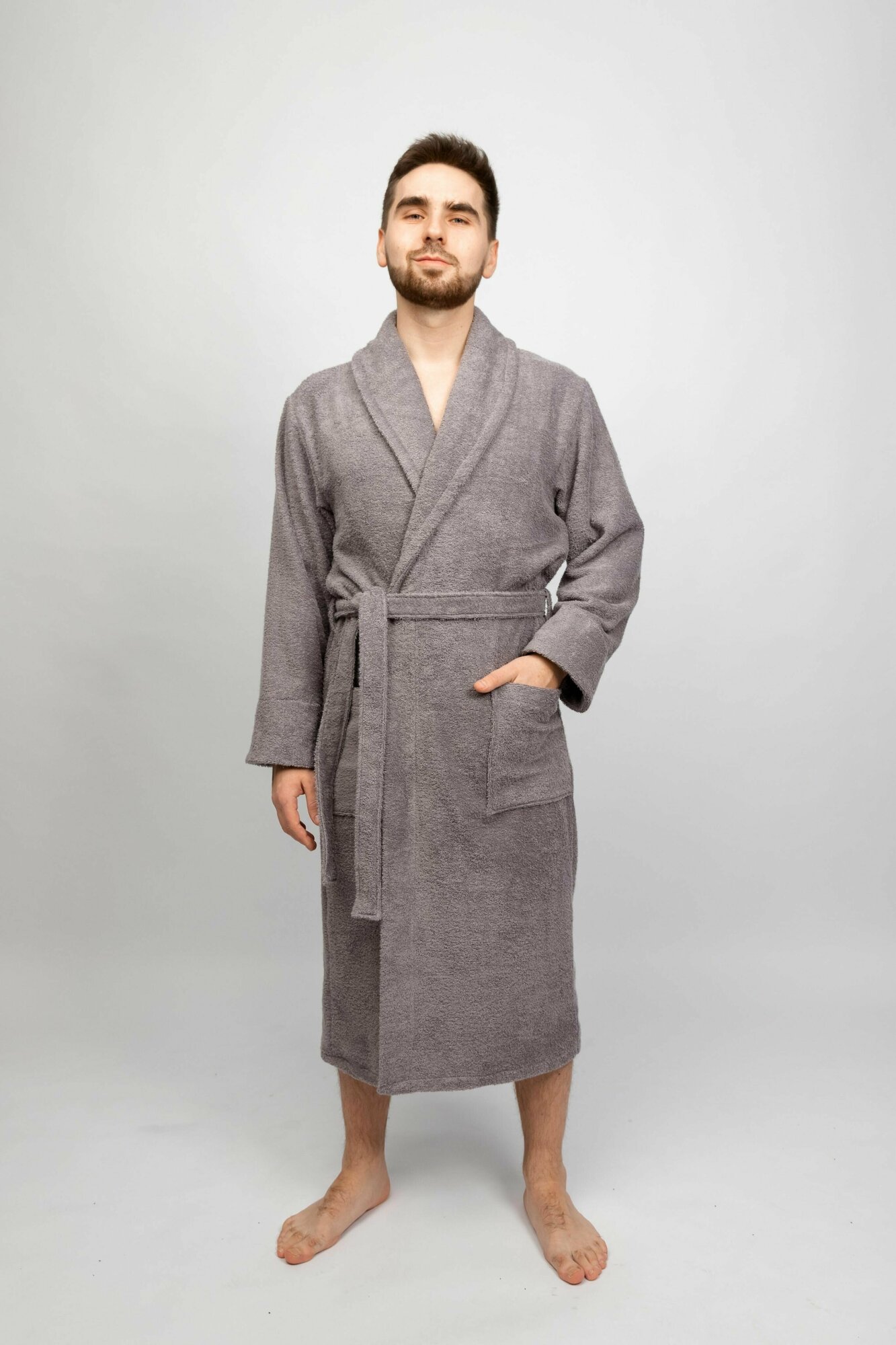 Халат Ricamo, длинный рукав, пояс/ремень, банный халат, размер 48, серый - фотография № 1