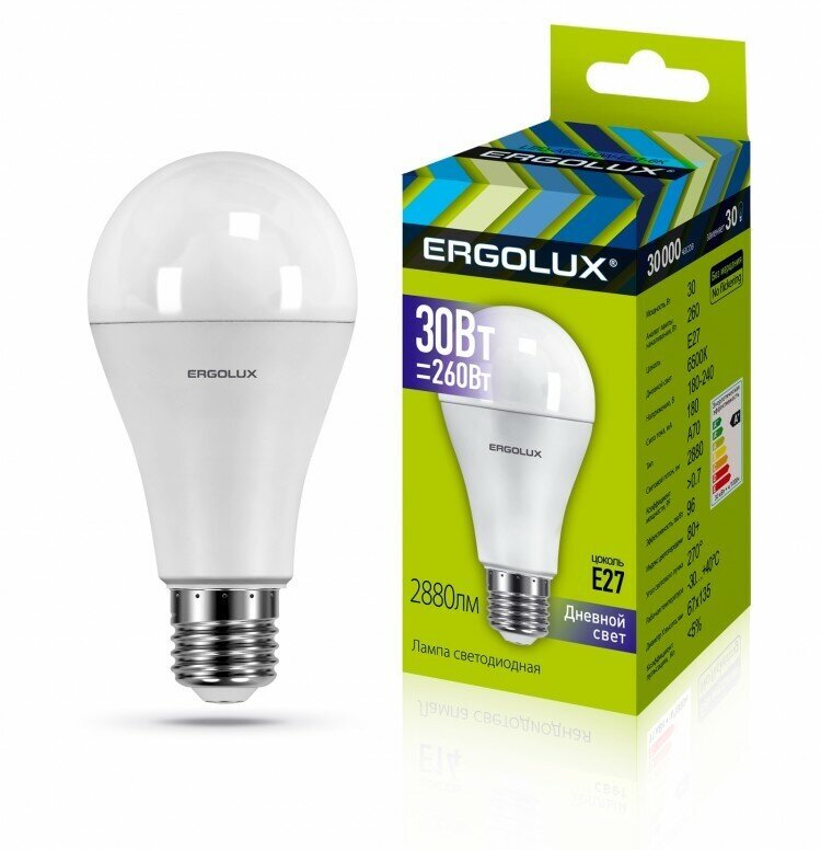 Светодиодная лампа Ergolux A70 E27 30W (2880lm 270°) 6500K матовая 135x67 пластик/алюм. LED-A70-30W-E27-6K