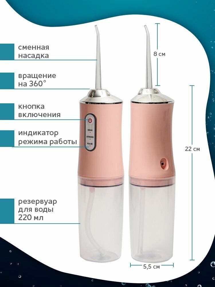 Портативный ирригатор для полости рта розовый, 4 насадки, емкость 200 мл, 3 режима работы - фотография № 2