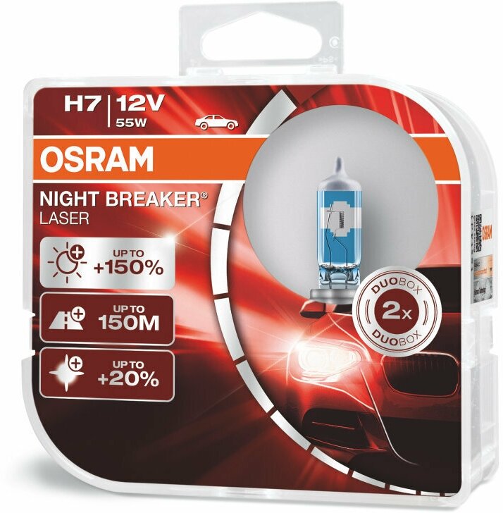 Лампа автомобильная галогенная Osram OSRAM NIGHT BREAKER LASER, H7, 12V, цоколь PX26d, 2 шт, 64210NL-HCB. Цвет свечения-белый