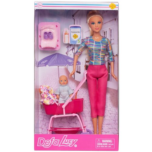 Игровой набор Кукла Defa Lucy Мама на прогулке с малышом-мальчиком (голубой комбинезончик) в коляске, игровые предметы, 29 см