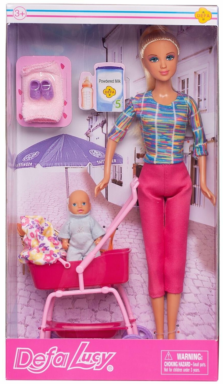 Игровой набор Кукла Defa Lucy Мама на прогулке с малышом-мальчиком (голубой комбинезончик) в коляске, игровые предметы, 29 см 8358d/малыш-мальчик