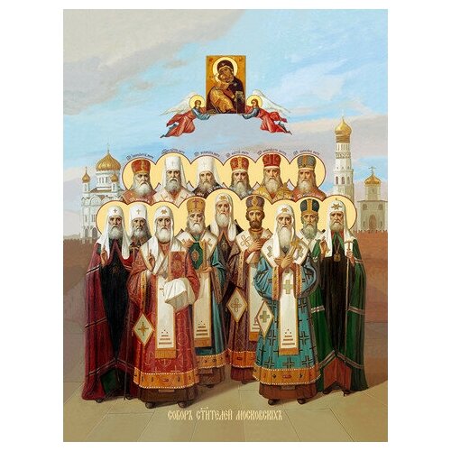 Икона на дереве ручной работы - Собор святителей Московских, 15x20x4,0 см, арт Ид4909