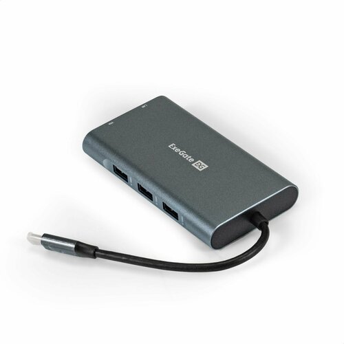 Док-станция 10-в-1 ExeGate DUB-31C/MAX (кабель-адаптер USB Type-C --> 3xUSB3.0 + Card Reader + PD 100W + HDMI 4K@30Hz + VGA + Audio + Lan RJ45 10/100/1000Mb, Plug&Play, серый) EX293985RUS