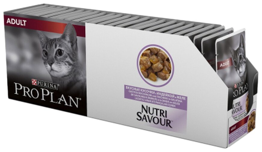 Влажный корм Pro Plan® Adult Nutri Savour® для взрослых кошек, кусочки с индейкой в желе, 26 шт. по 85 г - фотография № 2