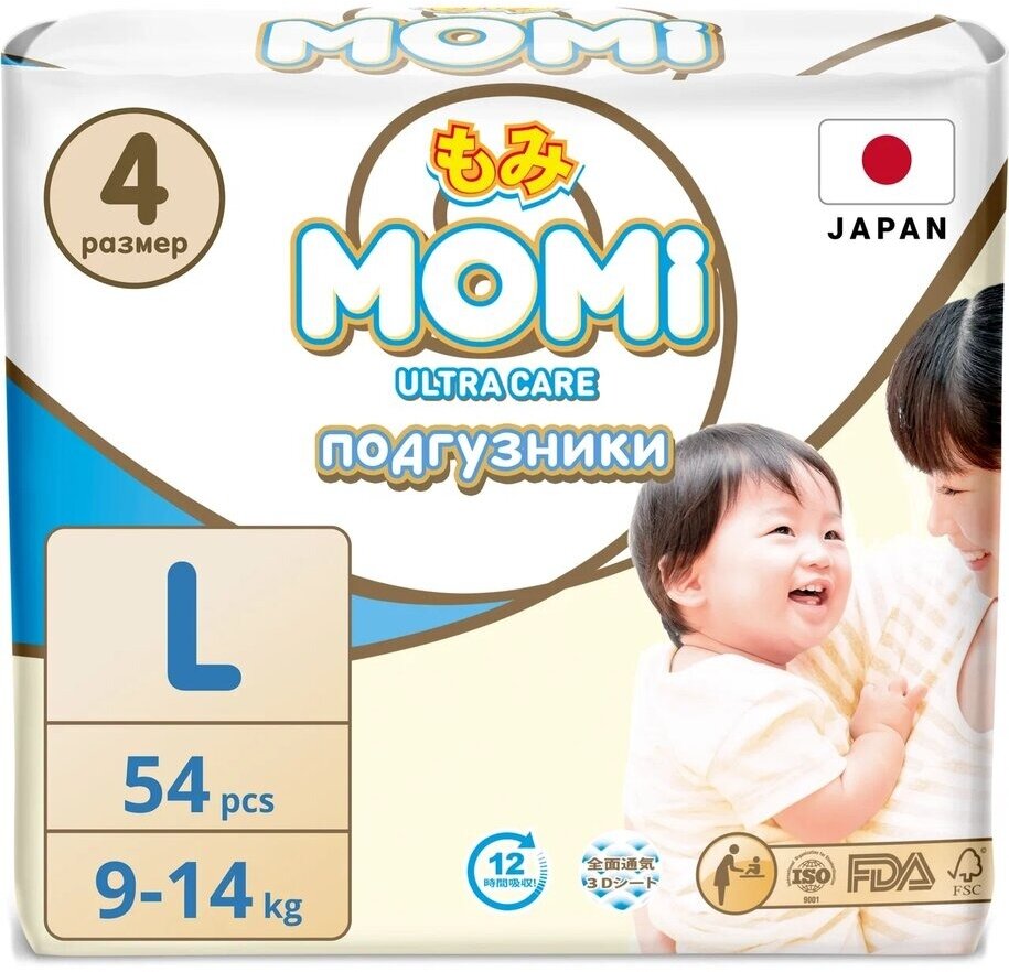 MOMI Ultra Care подгузники L (9-14 кг). 54 шт