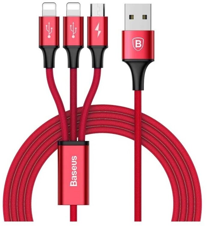 Кабель Baseus Rapid Series 3-in-1 Cable, USB to Micro USB+iP+iP, 3A, 1.2M, Красный, CAMLL-SU09