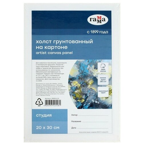 Холст на картоне 20 х 30 см, хлопок 100%, акриловый грунт, мелкозернистый, 280 г/м² Студия