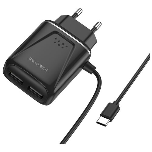 фото Сетевое зарядное устройство 2xusb с кабелем usb type-c borofone ba50a beneficence - черное