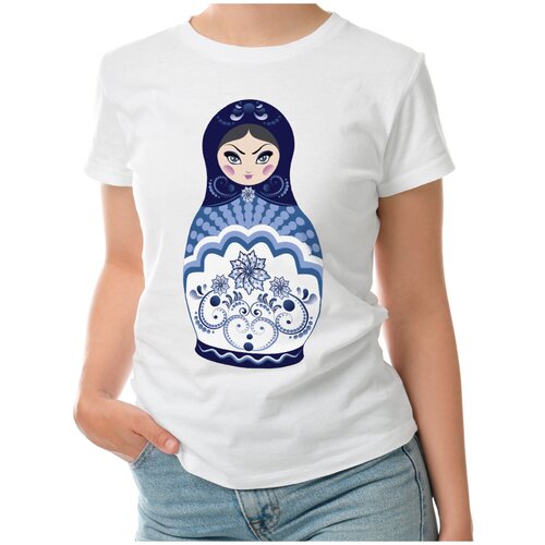 Женская футболка «Матрешка с синими орнаментами» (L, темно-синий)