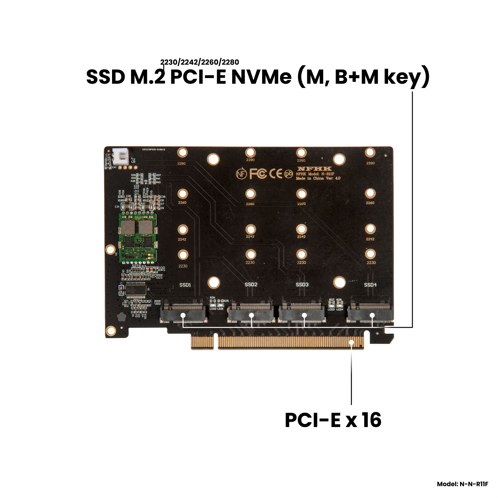 Адаптер-переходник (плата расширения) с активным охлаждением для установки 4 накопителей SSD M.2 2230-2280 PCI-E NVMe (M B+M key) в слот PCI-E x16