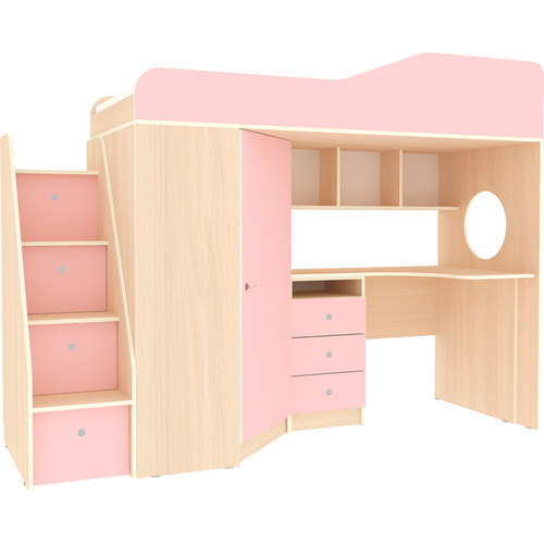 Кровать чердак Кадет 1 с универсальной лестницей Дуб Молочный - Розовый