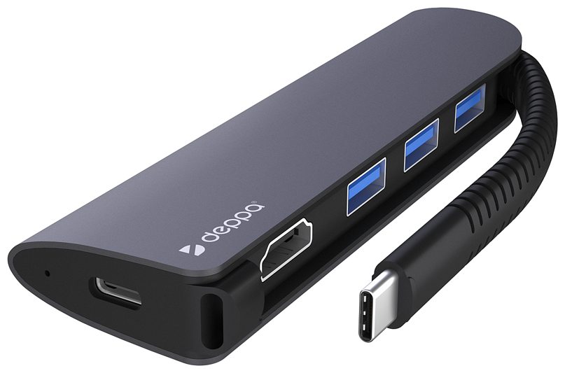 USB хаб Deppa мультипортовый Type-C 5 в 1, HDMI 4K, Power Delivery, 3 x USB 3.0 для Macbook, iPad, ПК