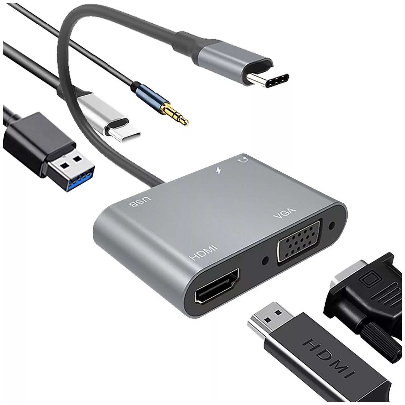 Адаптер USB Type-Cm-->VGA, HDMI 4k*30Hz, USB3.0, PD, Audio, iOpen (Aopen/Qust)<ACU4511> VCOM Адаптер-переходник AOpen/Qust USB 3.1 Type C M/HDMI F/VGA F/USB 3.0 Type A F/Jack 3.5 mm F (ACU4511) - фото №10