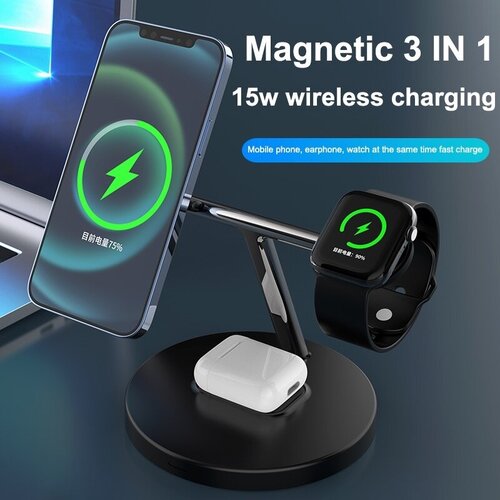 Беспроводная зарядная станция 3-в-1 Rapture MagSafe NM-15 (MageSafe+Apple Watch+AirPods) 15W, черная беспроводная компактная зарядная станция 3 в 1 rapture h6 15w iphone apple watch airpods черная