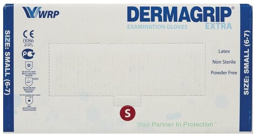 фото Перчатки латексные повышенной прочности DERMAGRIP Extra, цвет: белый, размер L, 50 штук (25 пар), нестерильные неопудренные