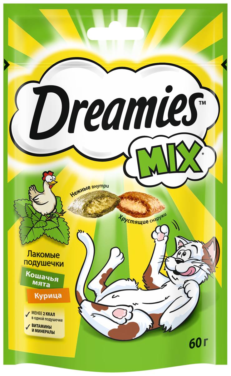 Лакомство Dreamies, для взрослых кошек, подушечки микс