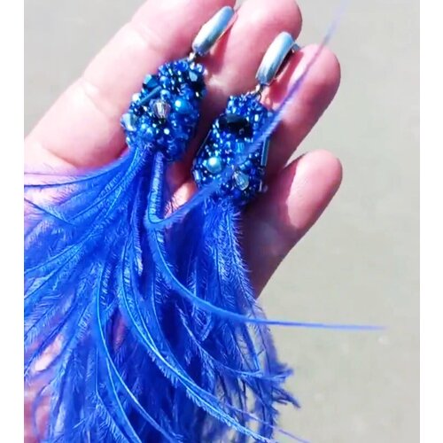 серебряные серьги синяя птица Серьги с подвесками , бисер, горный хрусталь, размер/диаметр 150 мм, синий