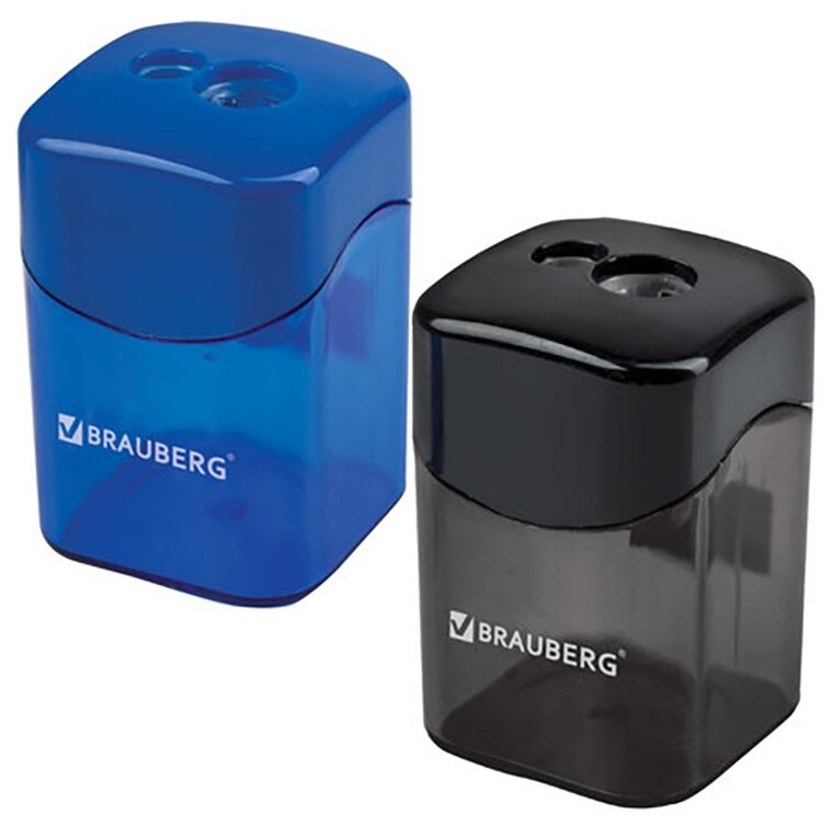 Точилка BRAUBERG "Win", с большим контейнером, прямоугольная, 2 отверстия, дисплей, ассорти (черная, синяя), 222495
