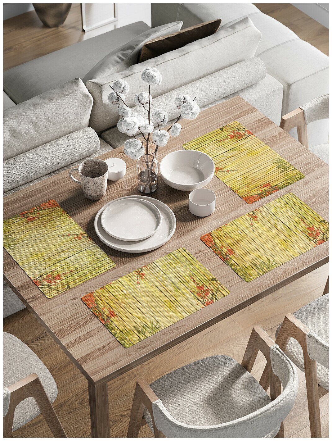 Комплект тканевых салфеток, плейсматов JoyArty с закругленными краями с рисунком "Рисунок на бамбуке" для сервировки стола 46x30 см, 4шт.