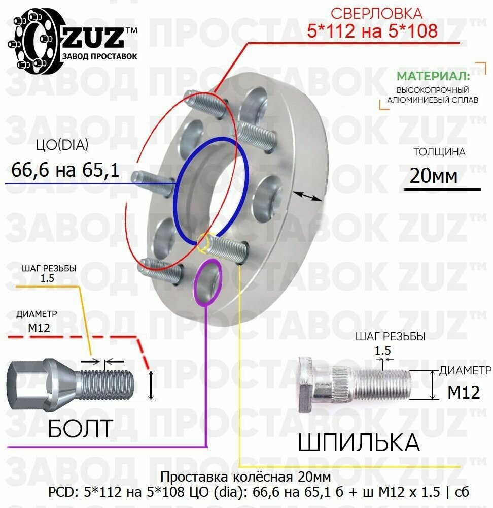 Проставка колёсная 1 шт 20мм 5*112 на 5*108 ЦО 66,6 на 65,1 Крепёж в комплекте Болт + Шпилька М12*1,5 ступичная с бортиком переходная адаптер для дисков 1 шт