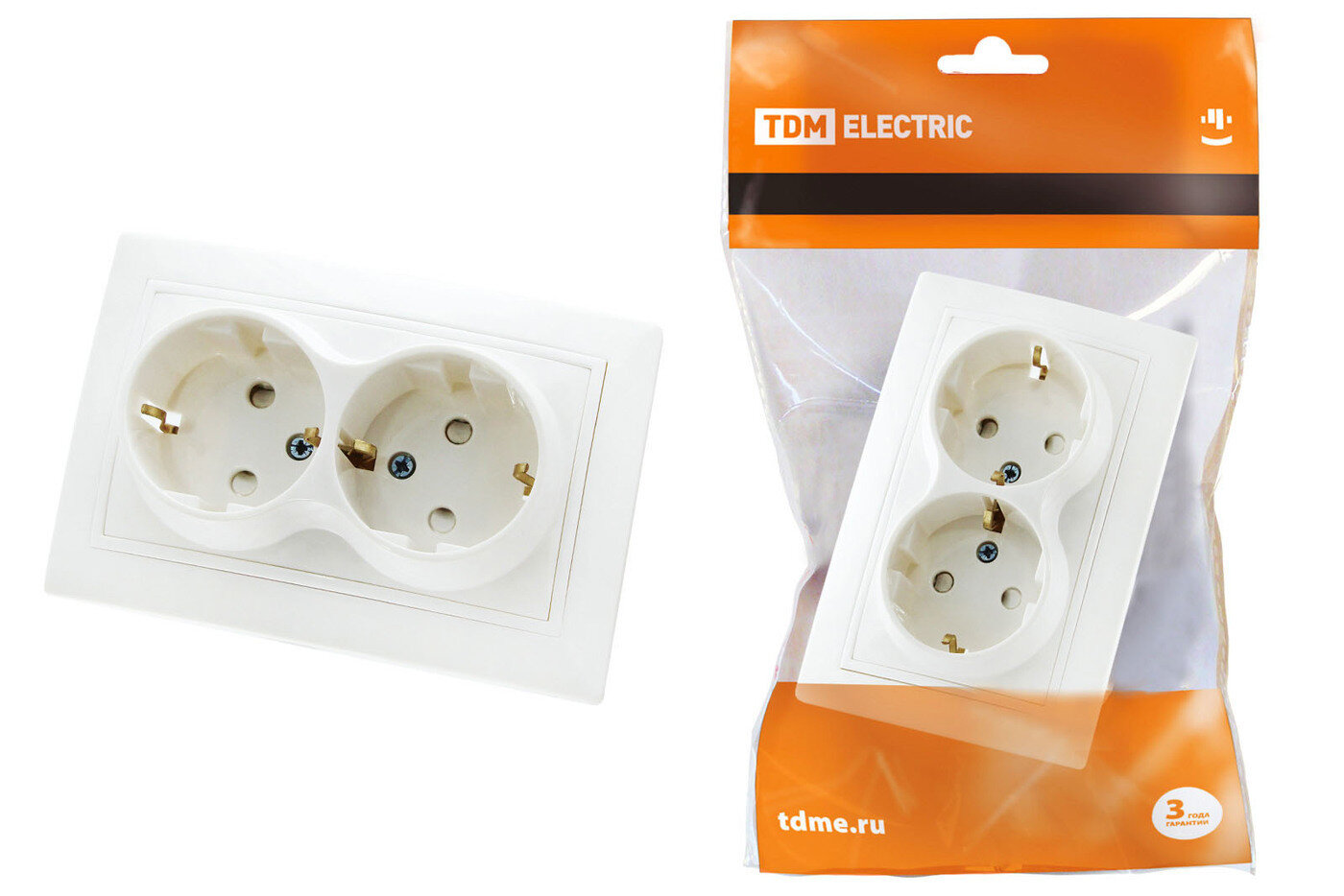 Розетка белая двойная 2П+З с защ. шт. 16А 250В, серия "Таймыр" TDM Electric