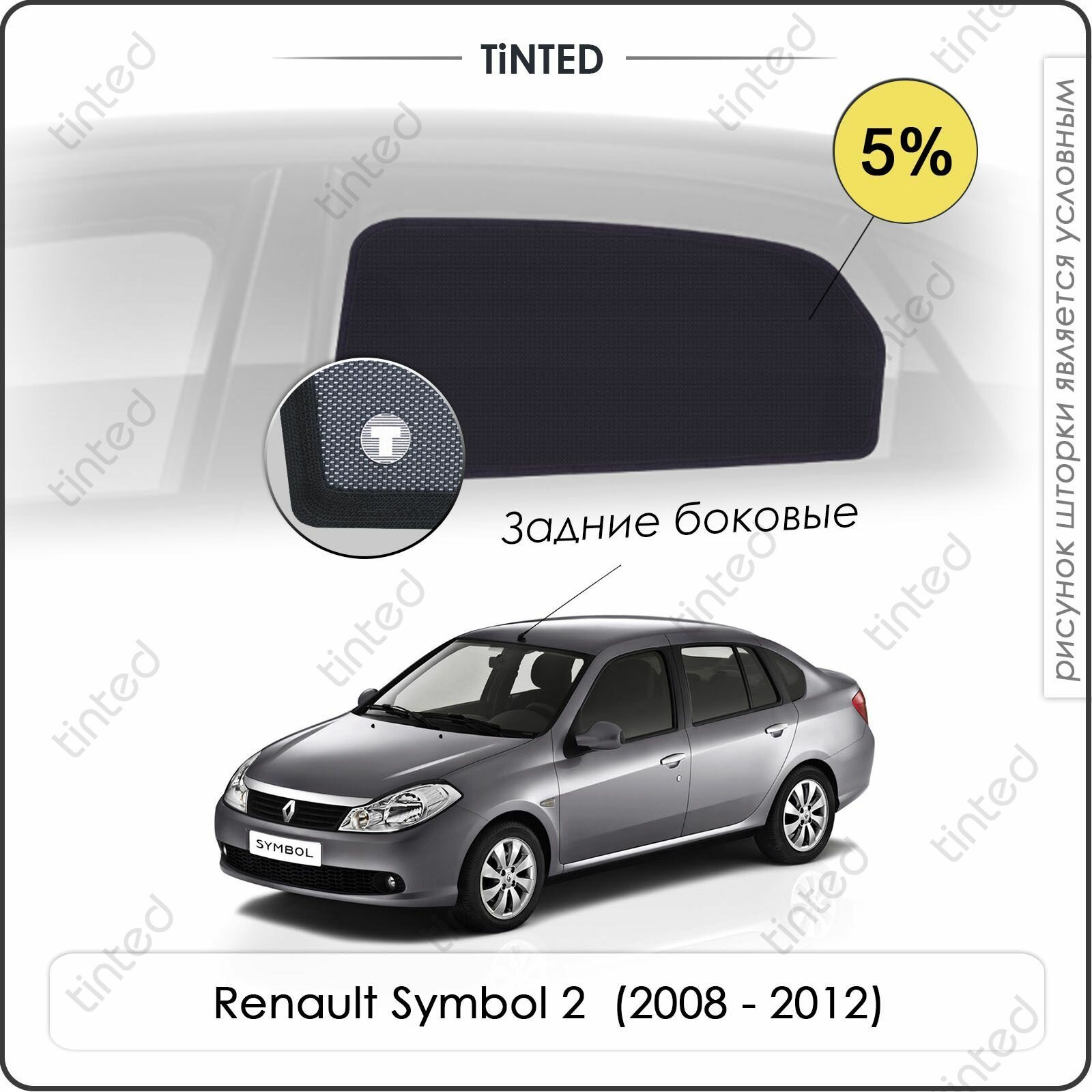 Шторки на автомобиль солнцезащитные Renault Symbol 2 Седан 4дв. (2008 - 2012) на задние двери 5% сетки от солнца в машину рено симбол Каркасные автошторки Premium