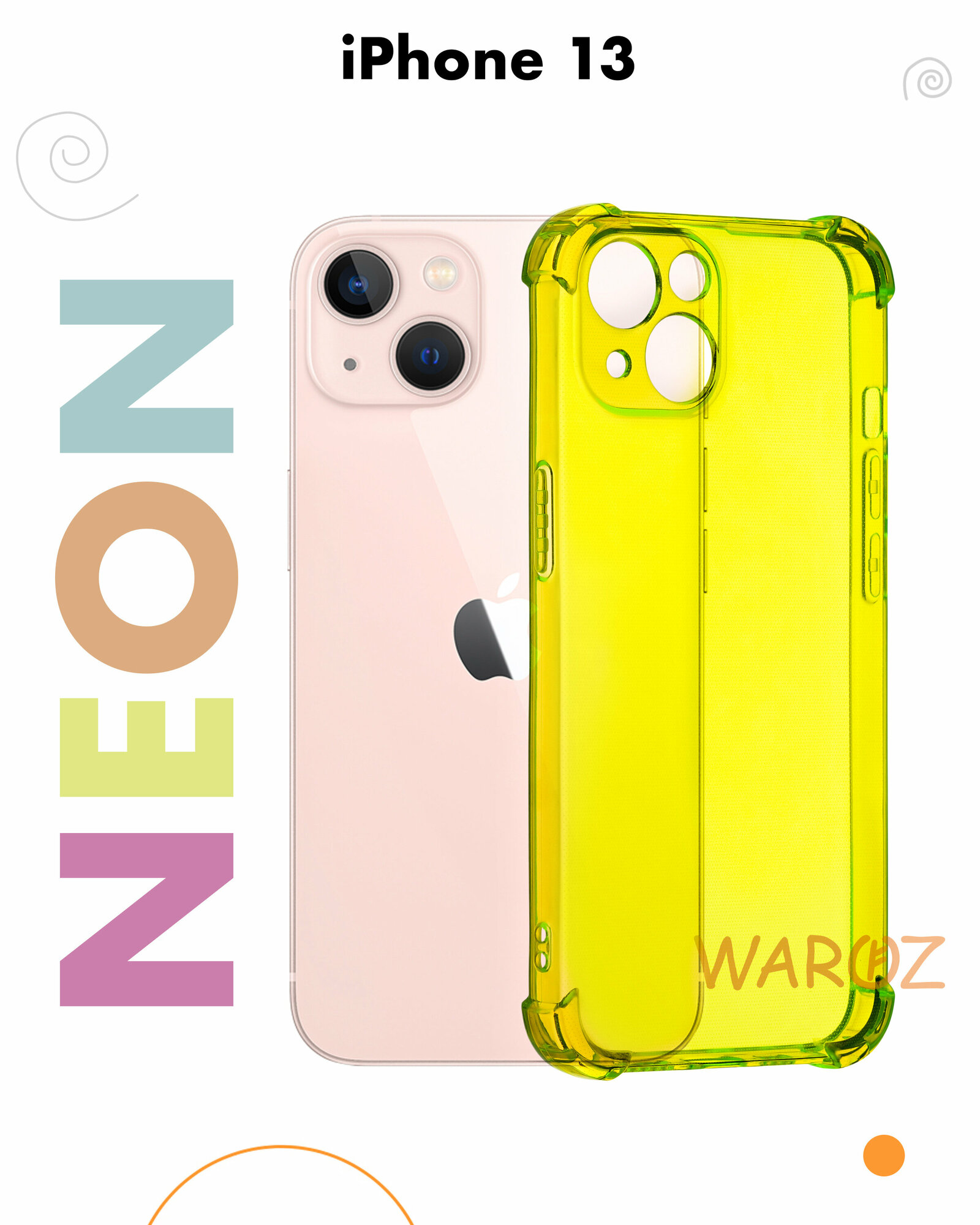 Чехол для смартфона Apple iPhone 13 силиконовый прозрачный противоударный с защитой камеры, бампер с усиленными углами для телефона Айфон 13, неон желтый
