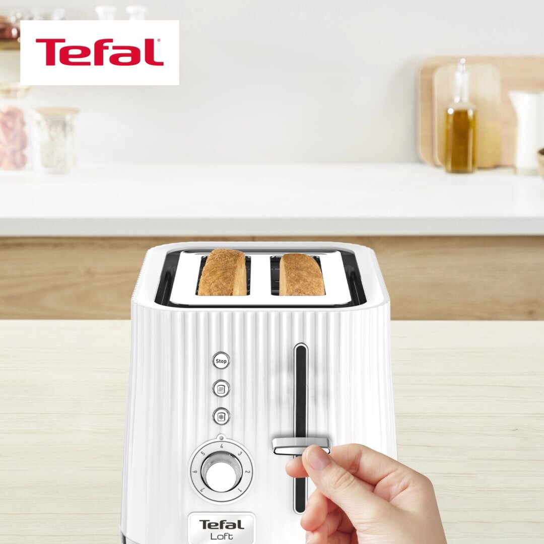 Тостер Tefal Loft TT761138 с 7 уровнями прожарки, разморозкой и подогревом, 2 широкими слотами, высоким подъемом, 850 Вт, белый — фото 1