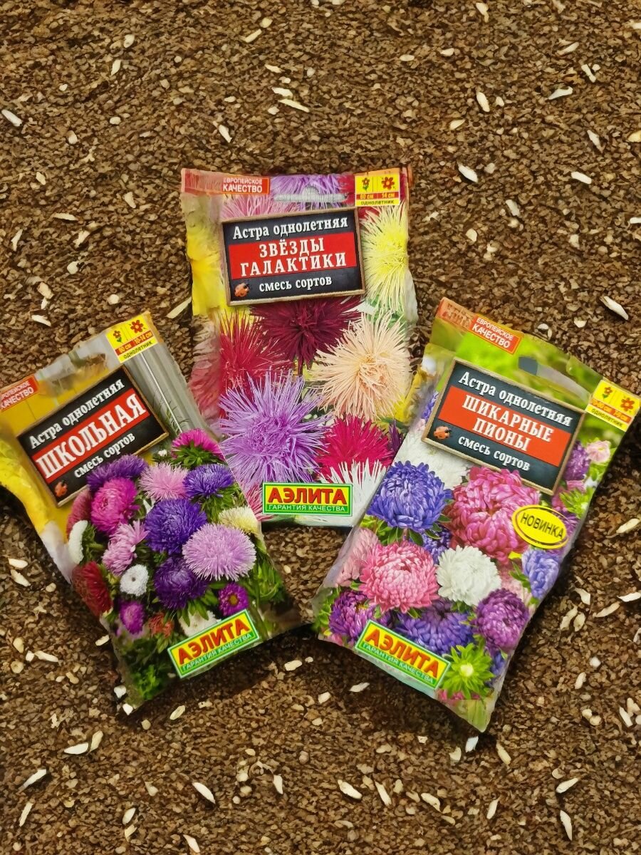 Набор семян астр 3 разных смеси : Звезды Галактики Шикарные Пионы Школьная - по 1 пакету Агрофирма Аэлита