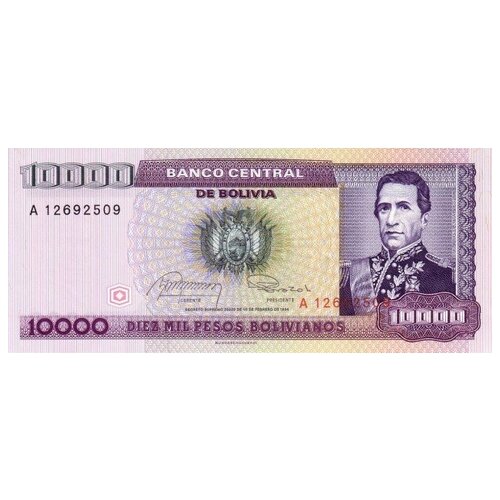 Боливия 10000 песо боливиано 1984 г «Маршал Андрес де Санта-Крус» UNC боливия 1 сентаво 1987 unc pick 195 на банкноте 10000 боливиано