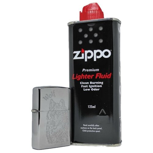 Зажигалка ZIPPO 200 Wolf, серебристая с покрытием Brushed Chrome + высококачественное топливо 125 мл