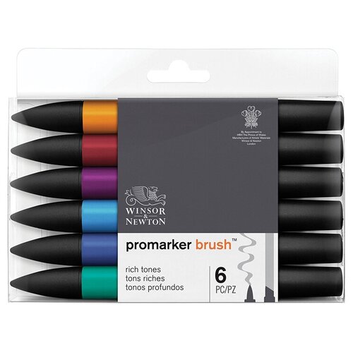 фото Набор маркеров-кистей худ двухсторонние winsor&newton "promarkerbrush", спиртовые, скошенный/кисть 6 цветов, насыщенные оттенки