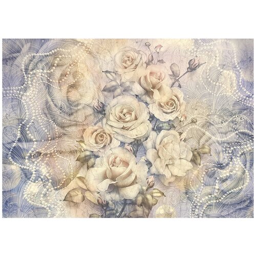 Чайные розы и узор - Виниловые фотообои, (211х150 см)