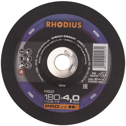 Зачистной обдирочный шлифовальный диск по стали RHODIUS диаметр 180 мм, толщина 4,0 мм, посад. диаметр 22,3 мм