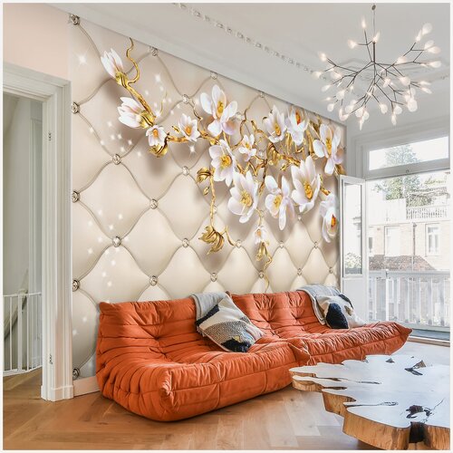 Изображение товара Фотообои / флизелиновые обои 3D золотистый жасмин и стразы 4,08 x 2,5 м