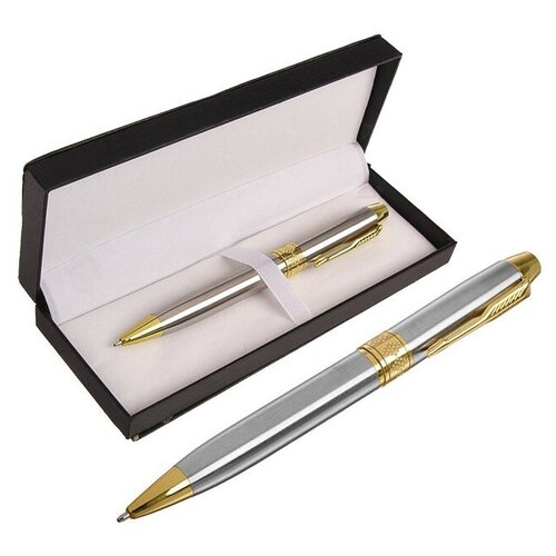 Ручка подарочная, шариковая Стиль в кожзам футляре, поворотная, серебристо-золотистый корпус