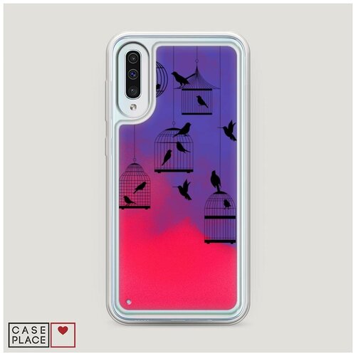 фото Чехол неоновый жидкий samsung galaxy a50 клетка с птицами графика case place