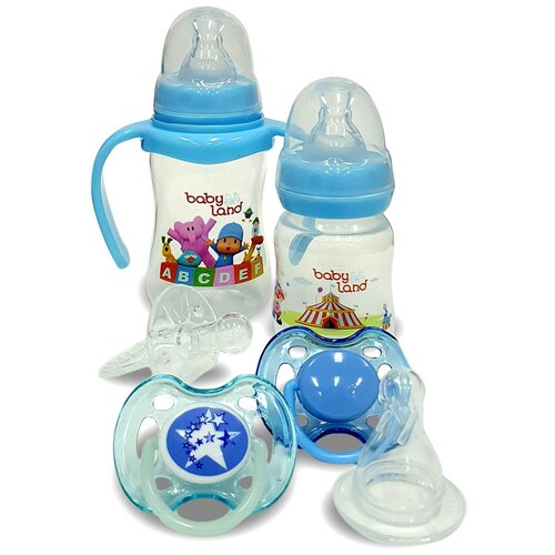 Baby Land Набор для кормления, 6 предметов, с рождения, голубой пустышка цветочек с кольцом соска силиконовая с прикусом 0 3 3 6 6 18 416