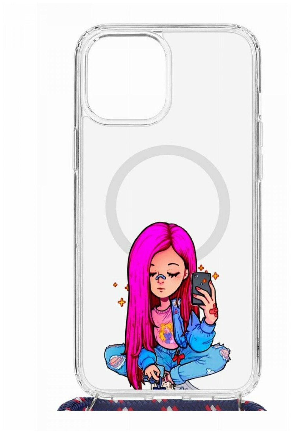 Чехол для Apple iPhone 12 Pro Max Kruche Print MagSafe Magrope Pink Hair,пластиковая накладка со шнурком и рисунком,противоударный силиконовый бампер