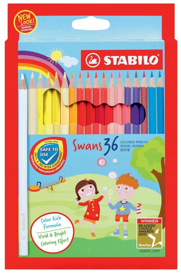 Цветные карандаши в выдвигающейся коробке-пенале STABILO Swans, 36 цветов