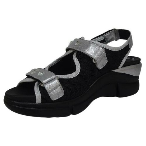 фото Босоножки piesanto женские (арт 210884) серебристо-черные из натуральной кожи, размер 39