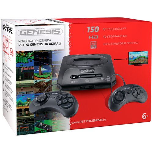 Игровая приставка 16 bit Sega Retro Genesis HD Ultra 2 ZD-07A (150 в 1) + 150 встроенных игр + 2 проводных геймпада + HDMI кабель (Черная)