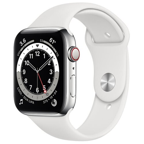 Часы Apple Watch Series 6 GPS+Cellular 44mm Silver Stainless Steel Case with White Sport Band