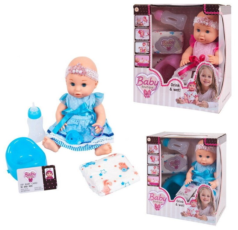 Кукла ABtoys Baby boutique Пупс 30см, пьет и писает, платье 2 цвета (голубой и розовый) PT-01036