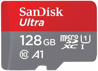 Карта памяти SanDisk microSDXC 128 ГБ Class 10, A1, UHS-I, R 120 МБ/с, 1 шт., серый/красный